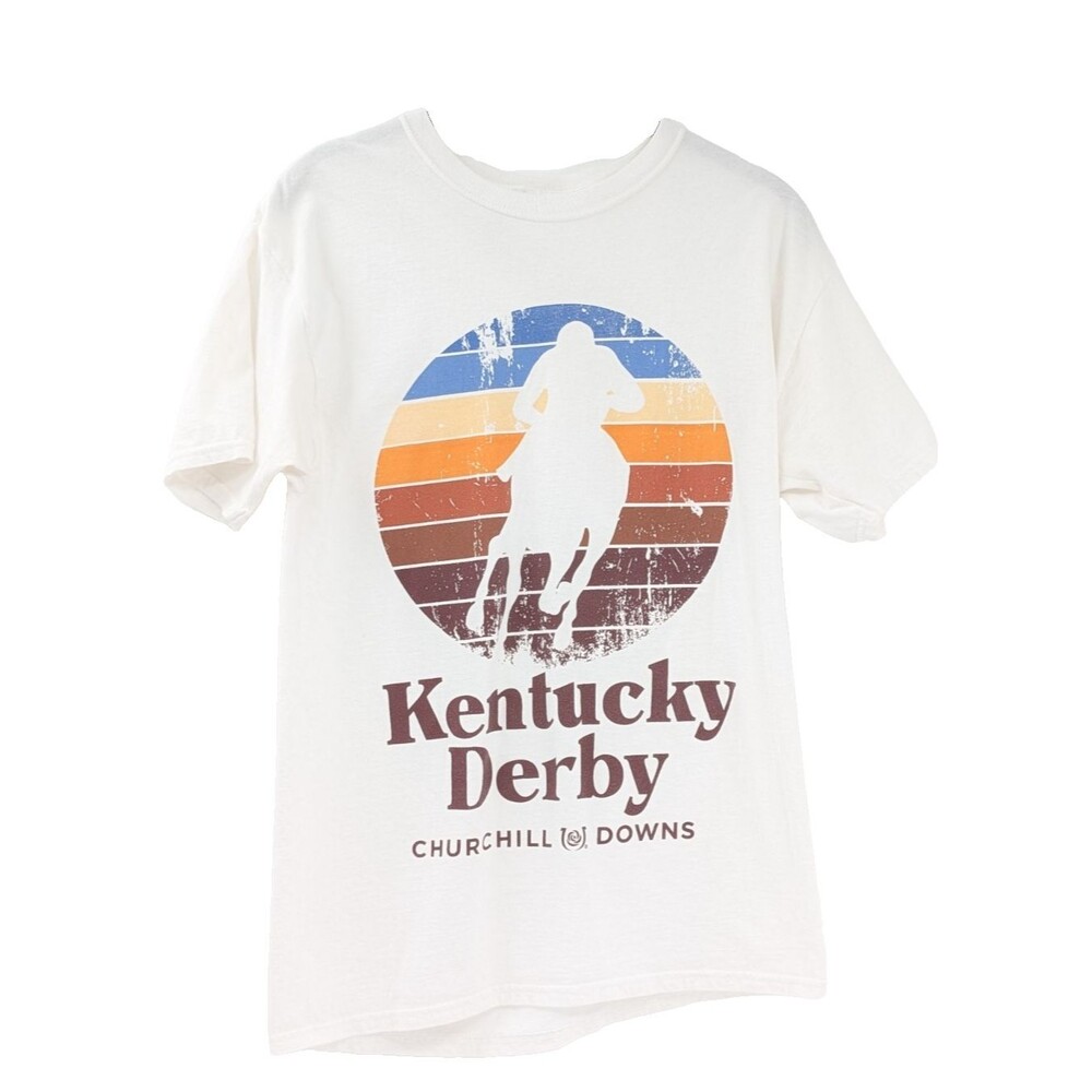 Kentucky Derby Churchill Downs White Retro Horse Short Sleeve T-Shirt Cotton Med
